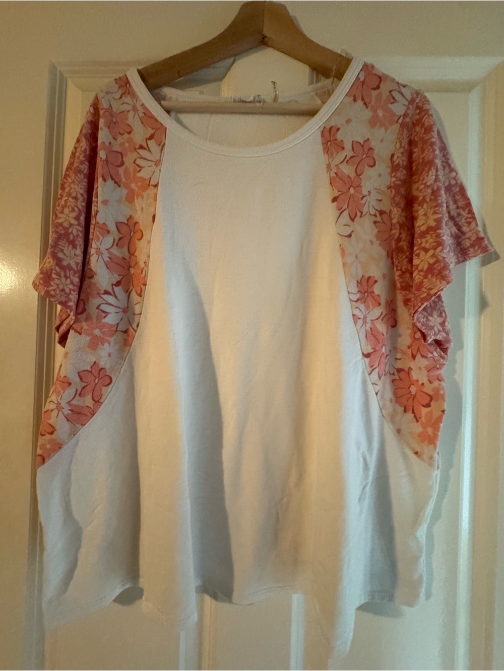 Emily Wonder soft White Tee with Pink Floral Sleeves